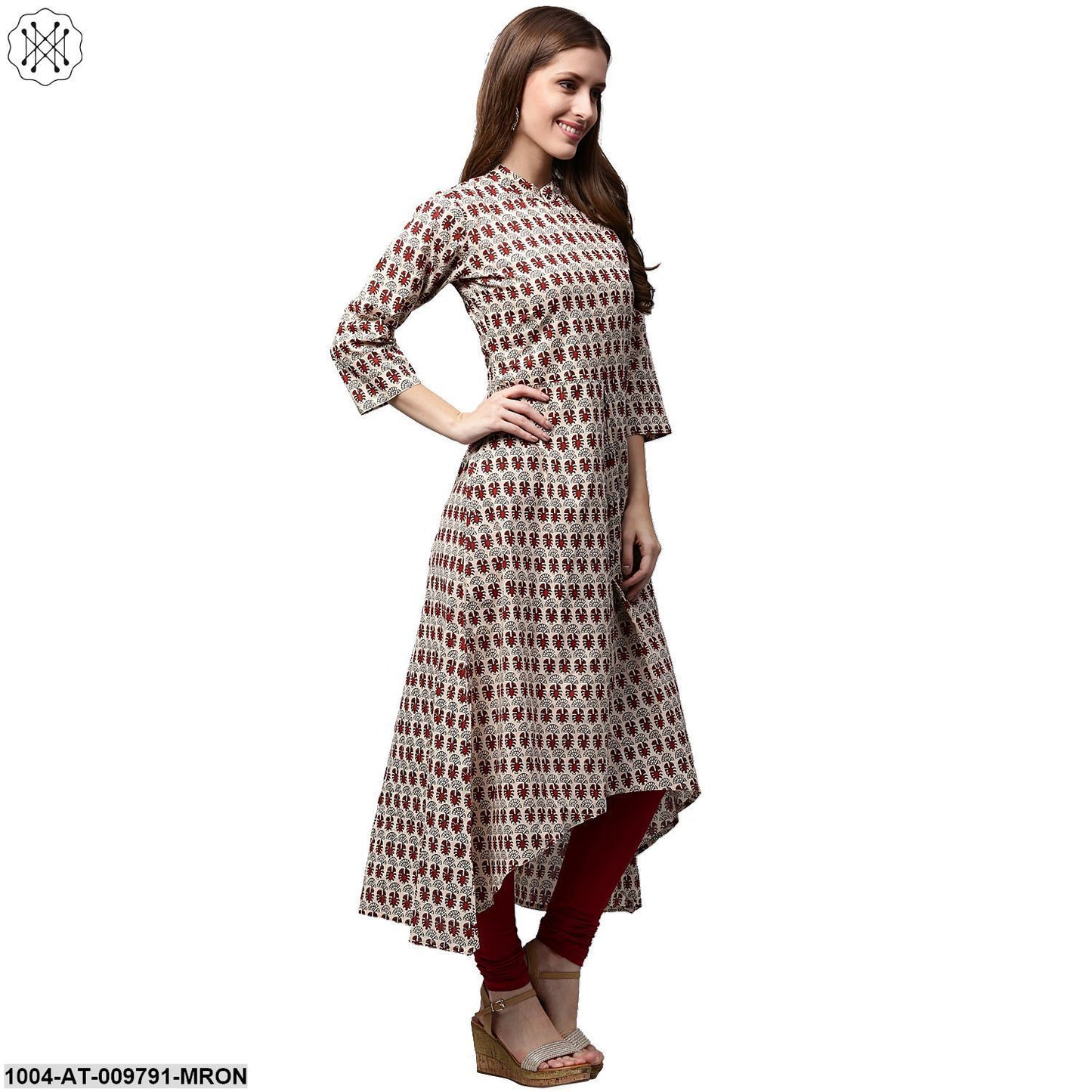 Off White And Maroon Printed 3/4Th Sleeve Cotton A-Line Kurta
