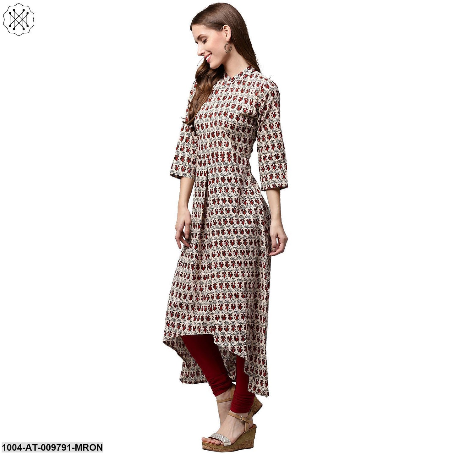 Off White And Maroon Printed 3/4Th Sleeve Cotton A-Line Kurta