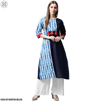 Blue Printed 3/4Th Sleeve Cotton Kurta
