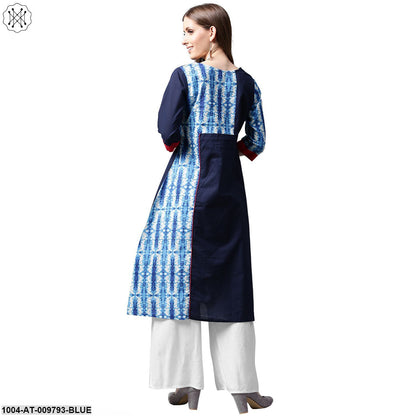Blue Printed 3/4Th Sleeve Cotton Kurta