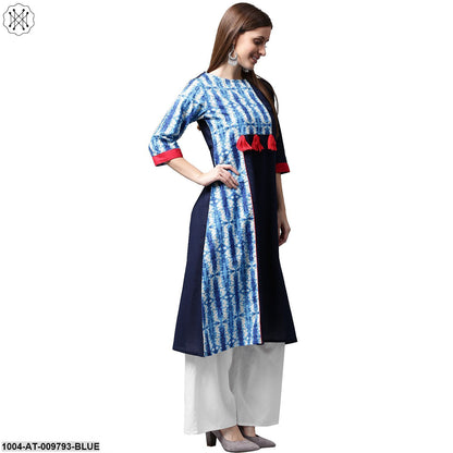 Blue Printed 3/4Th Sleeve Cotton Kurta