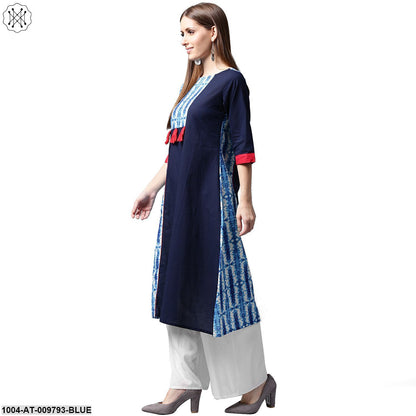 Blue Printed 3/4Th Sleeve Cotton Kurta