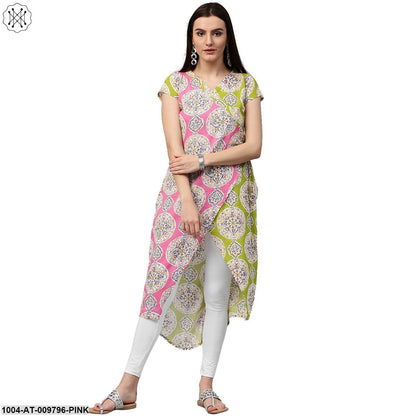 Green & Pink Printed Short Sleeve Cotton Assymetric Kurta