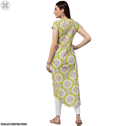 Green & Pink Printed Short Sleeve Cotton Assymetric Kurta