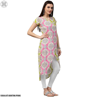 Green & Pink Printed Short Sleeve Cotton Assymetric Kurta