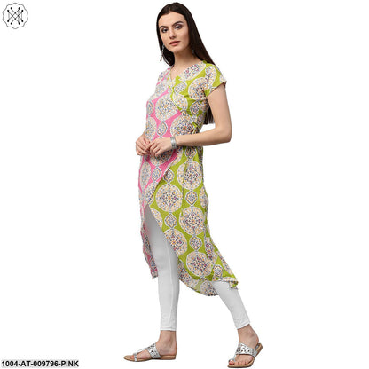 Green & Pink Printed Short Sleeve Cotton Assymetric Kurta