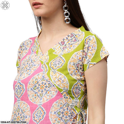 Green & Pink Printed Short Sleeve Cotton Assymetric Kurta