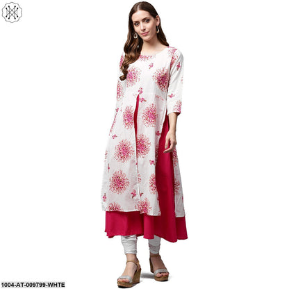 White Printed 3/4Th Sleeve Cotton Double Layer Kurta