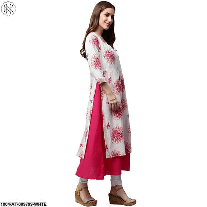 White Printed 3/4Th Sleeve Cotton Double Layer Kurta