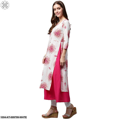 White Printed 3/4Th Sleeve Cotton Double Layer Kurta