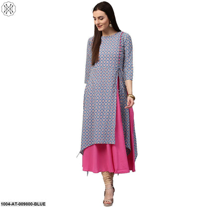 Blue Printed 3/4Th Sleeve Cotton Double Layer Kurta