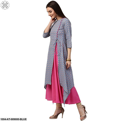 Blue Printed 3/4Th Sleeve Cotton Double Layer Kurta