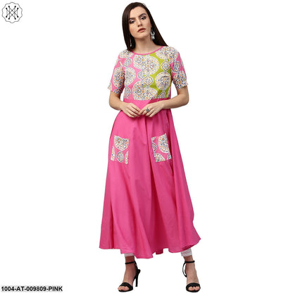 Pink Printed Half Sleeve Cotton Anarkali Kurta With Pocket