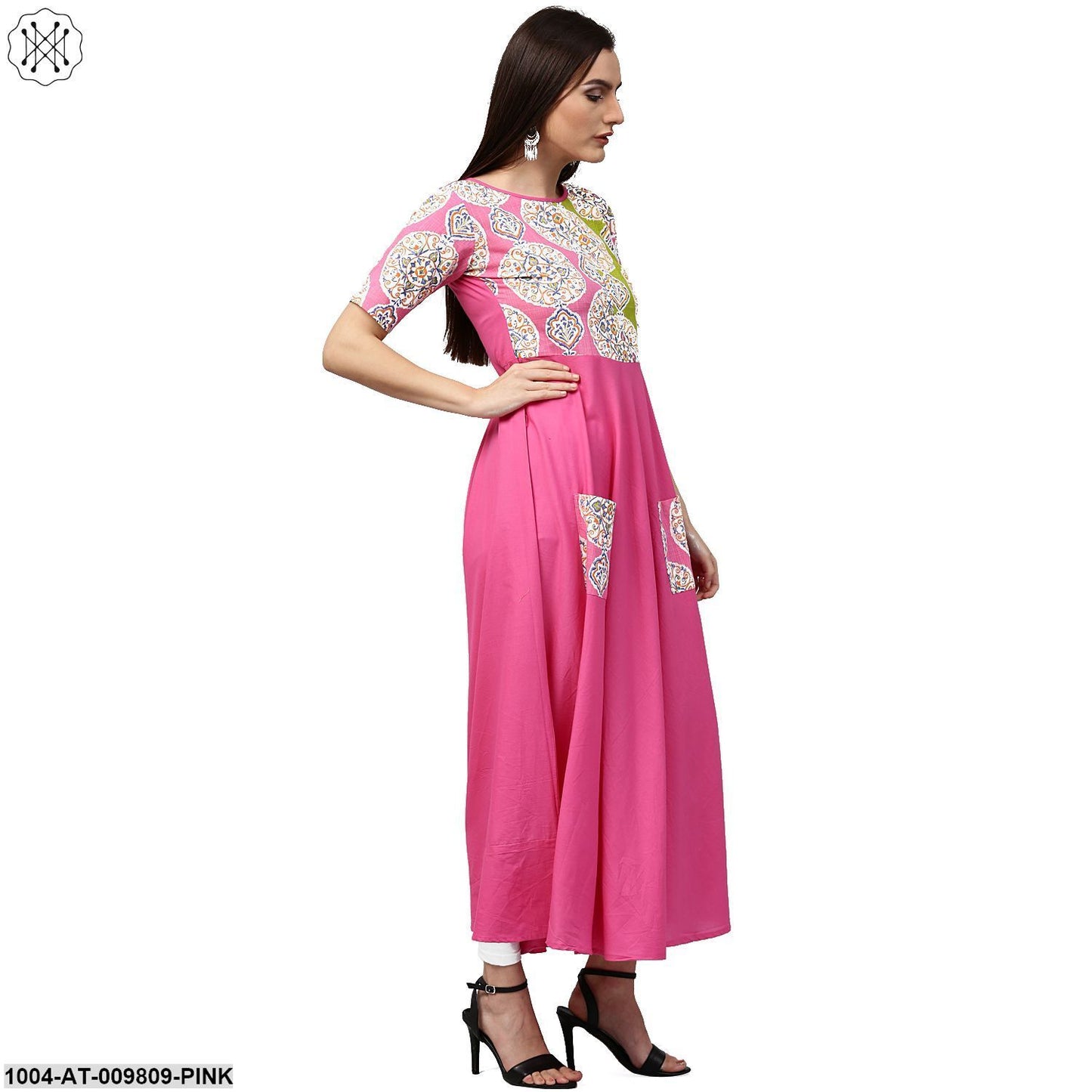 Pink Printed Half Sleeve Cotton Anarkali Kurta With Pocket