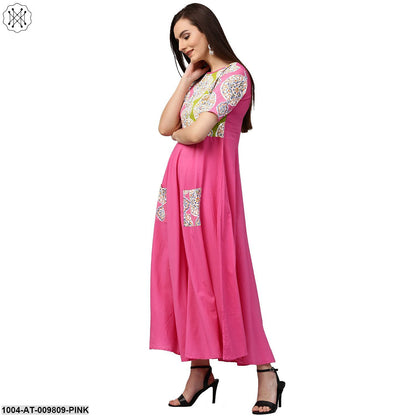 Pink Printed Half Sleeve Cotton Anarkali Kurta With Pocket