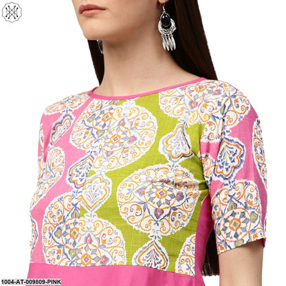 Pink Printed Half Sleeve Cotton Anarkali Kurta With Pocket