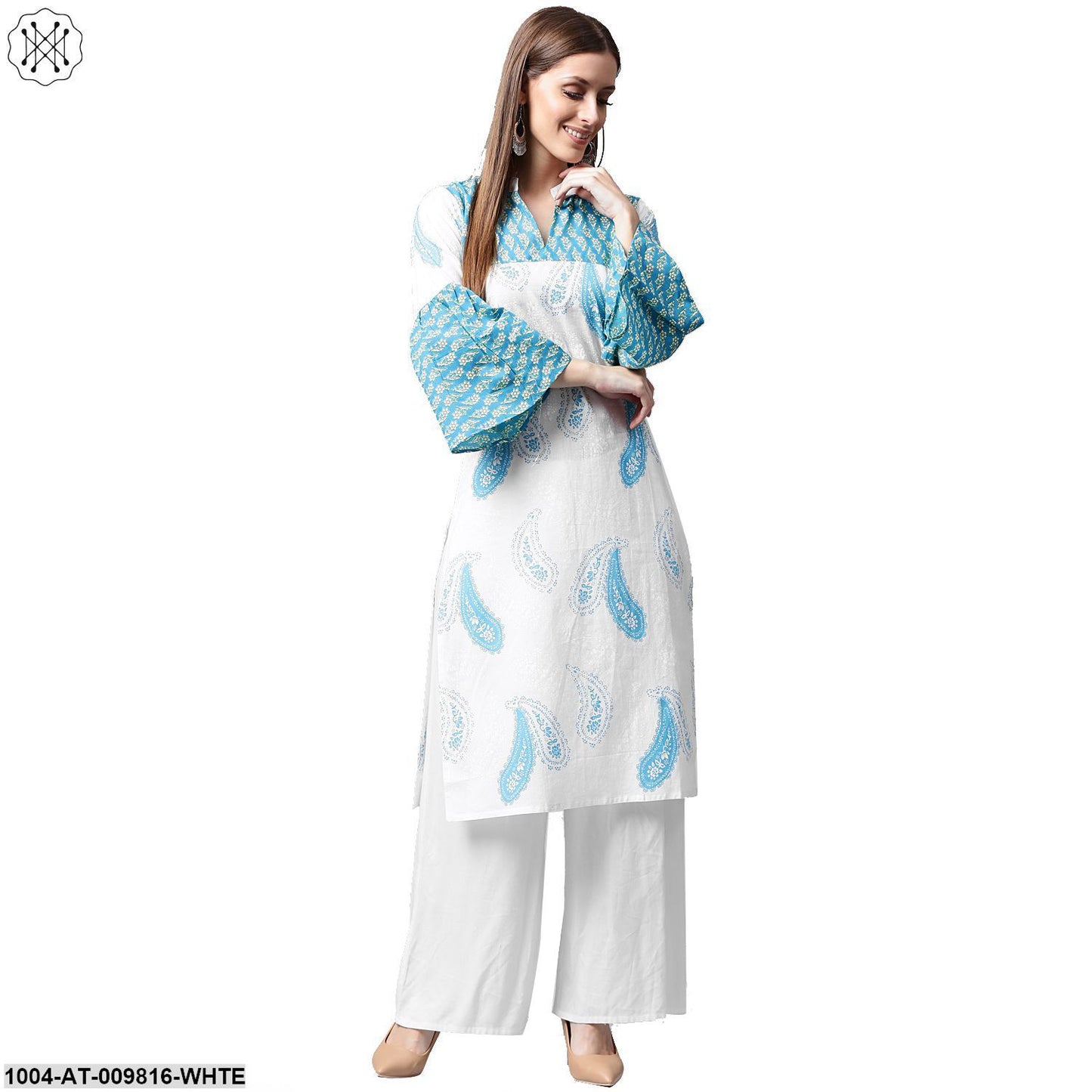 White And Blue Printed 3/4Th Flared Sleeve Cotton Kurta