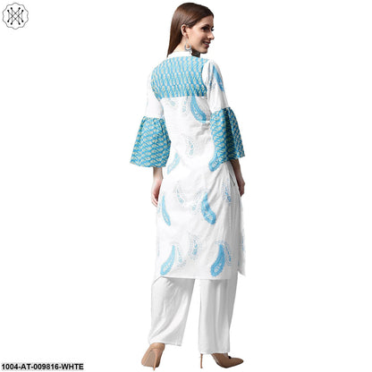 White And Blue Printed 3/4Th Flared Sleeve Cotton Kurta