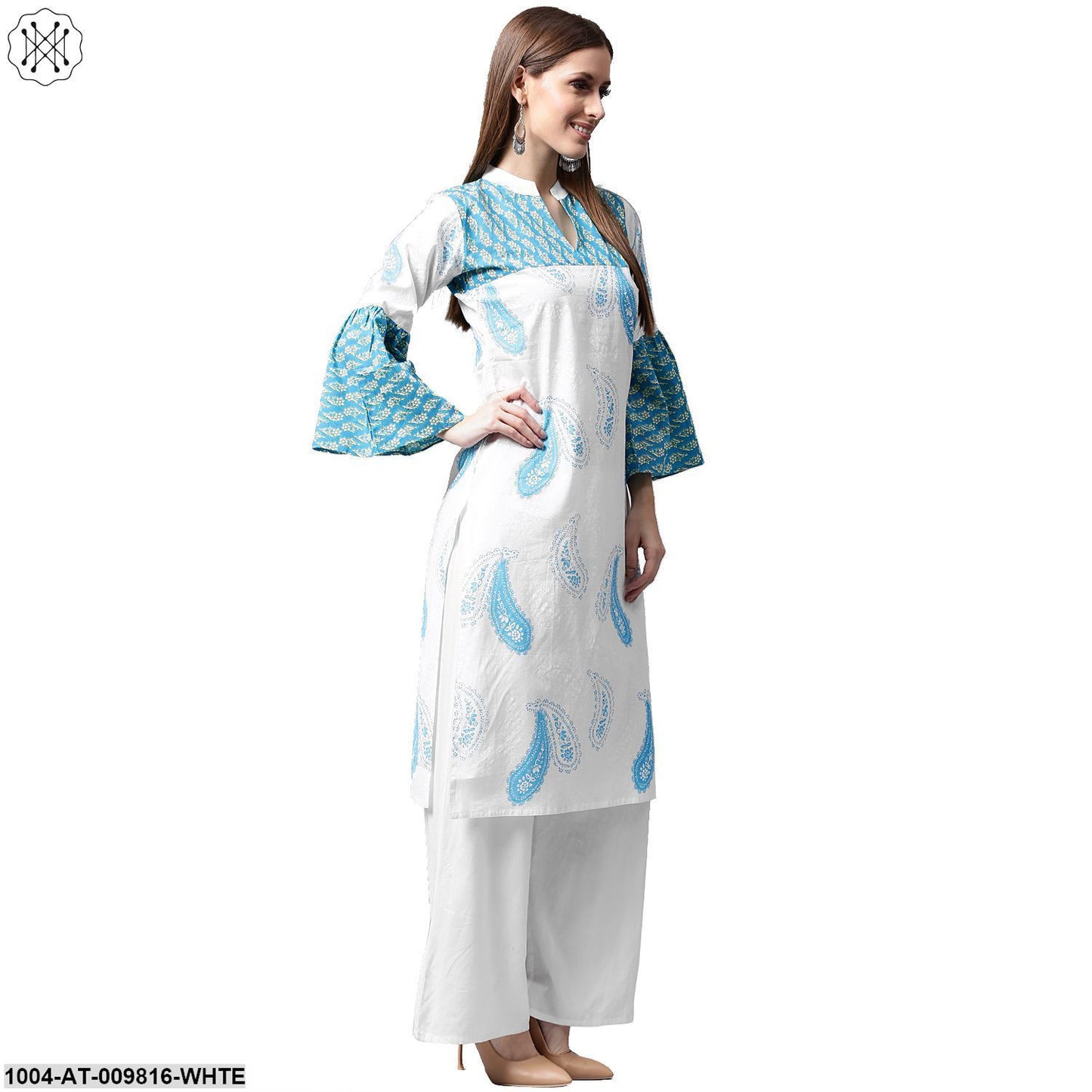 White And Blue Printed 3/4Th Flared Sleeve Cotton Kurta
