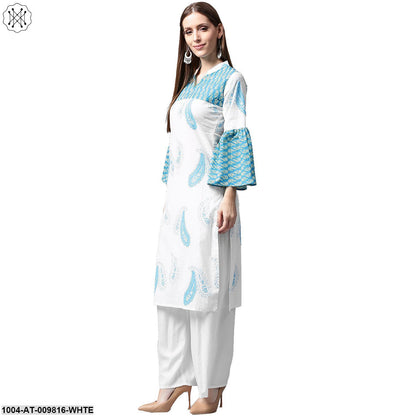 White And Blue Printed 3/4Th Flared Sleeve Cotton Kurta