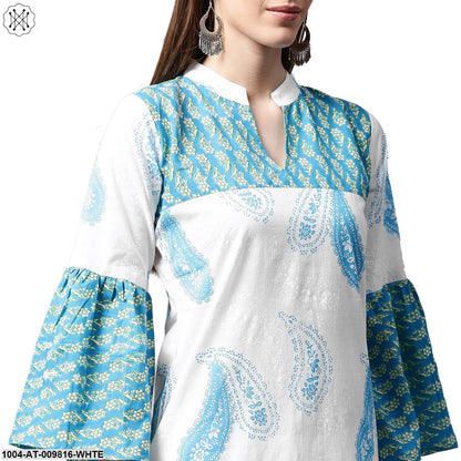 White And Blue Printed 3/4Th Flared Sleeve Cotton Kurta