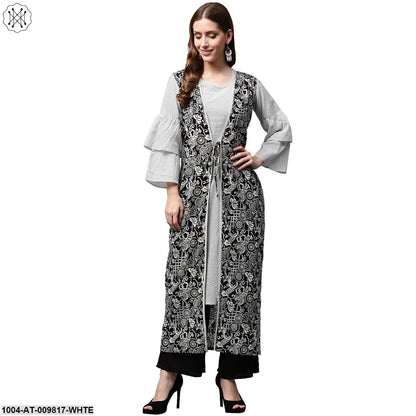 White Printed 3/4Th Sleeve Cotton A-Line Kurta With Black Printed Jacket