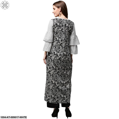 White Printed 3/4Th Sleeve Cotton A-Line Kurta With Black Printed Jacket