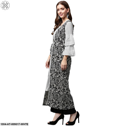 White Printed 3/4Th Sleeve Cotton A-Line Kurta With Black Printed Jacket