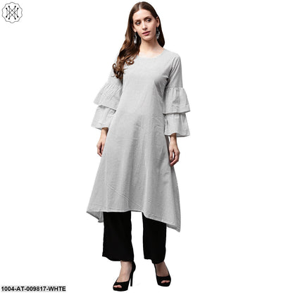 White Printed 3/4Th Sleeve Cotton A-Line Kurta With Black Printed Jacket