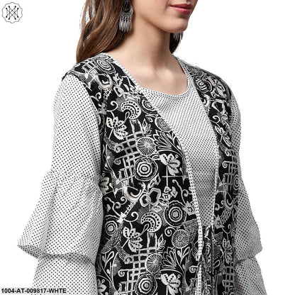 White Printed 3/4Th Sleeve Cotton A-Line Kurta With Black Printed Jacket