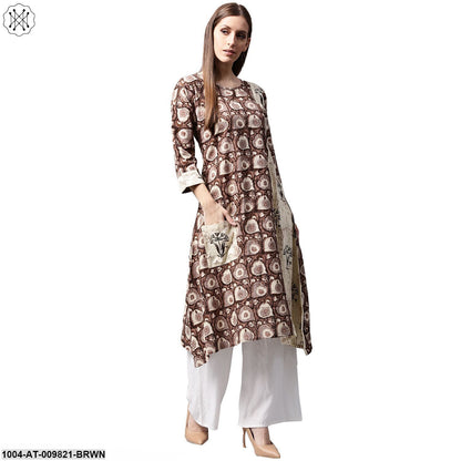 Coffee Brown Printed 3/4Th Sleeve Cotton Kurta With Side Pocket