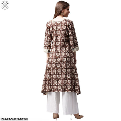 Coffee Brown Printed 3/4Th Sleeve Cotton Kurta With Side Pocket