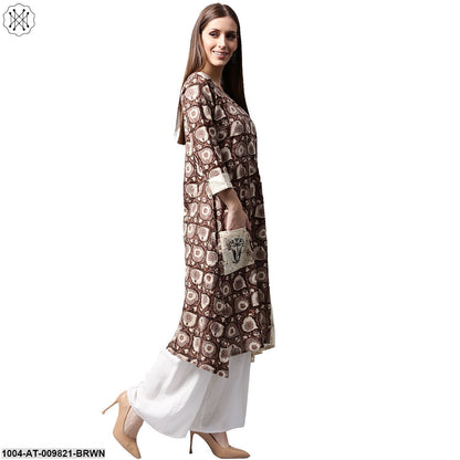 Coffee Brown Printed 3/4Th Sleeve Cotton Kurta With Side Pocket