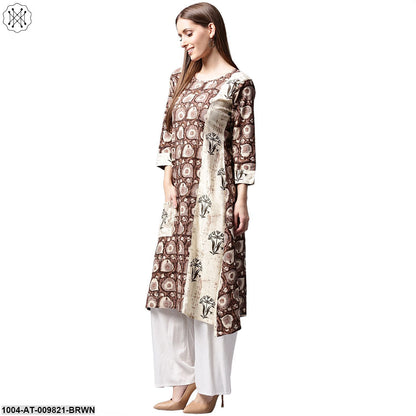 Coffee Brown Printed 3/4Th Sleeve Cotton Kurta With Side Pocket