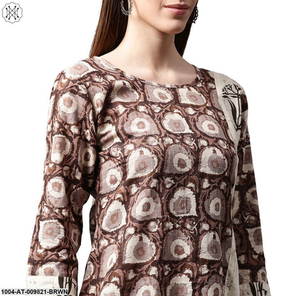 Coffee Brown Printed 3/4Th Sleeve Cotton Kurta With Side Pocket