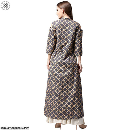 Navy Blue Printed Sleeveless Cotton Front Slit Kurta