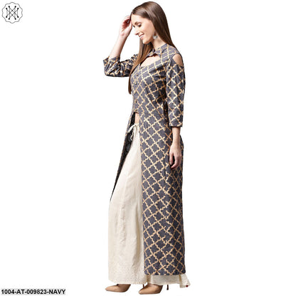 Navy Blue Printed Sleeveless Cotton Front Slit Kurta