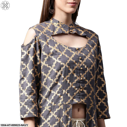 Navy Blue Printed Sleeveless Cotton Front Slit Kurta
