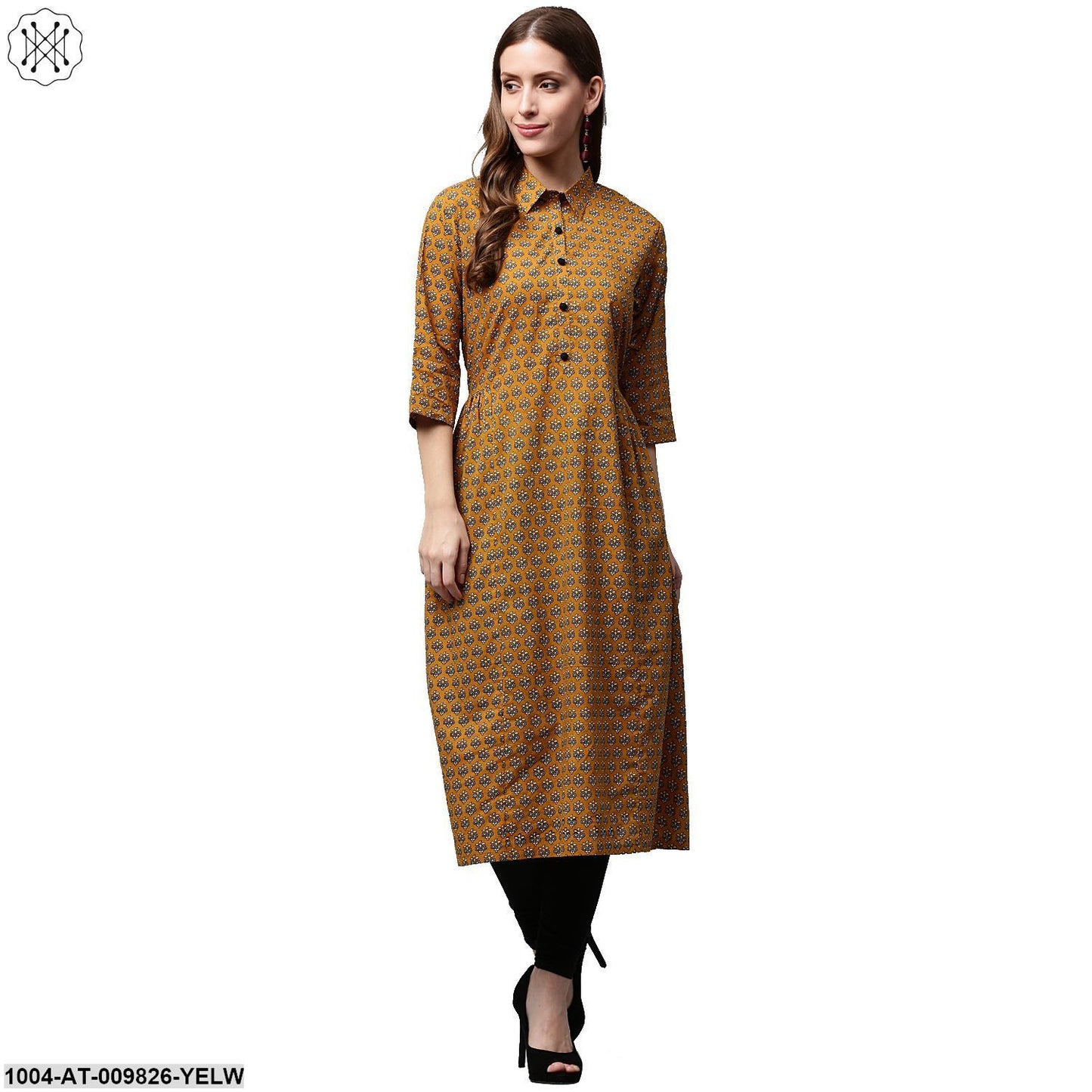Yellow Printed 3/4Th Sleeve Cotton A-Line Kurta