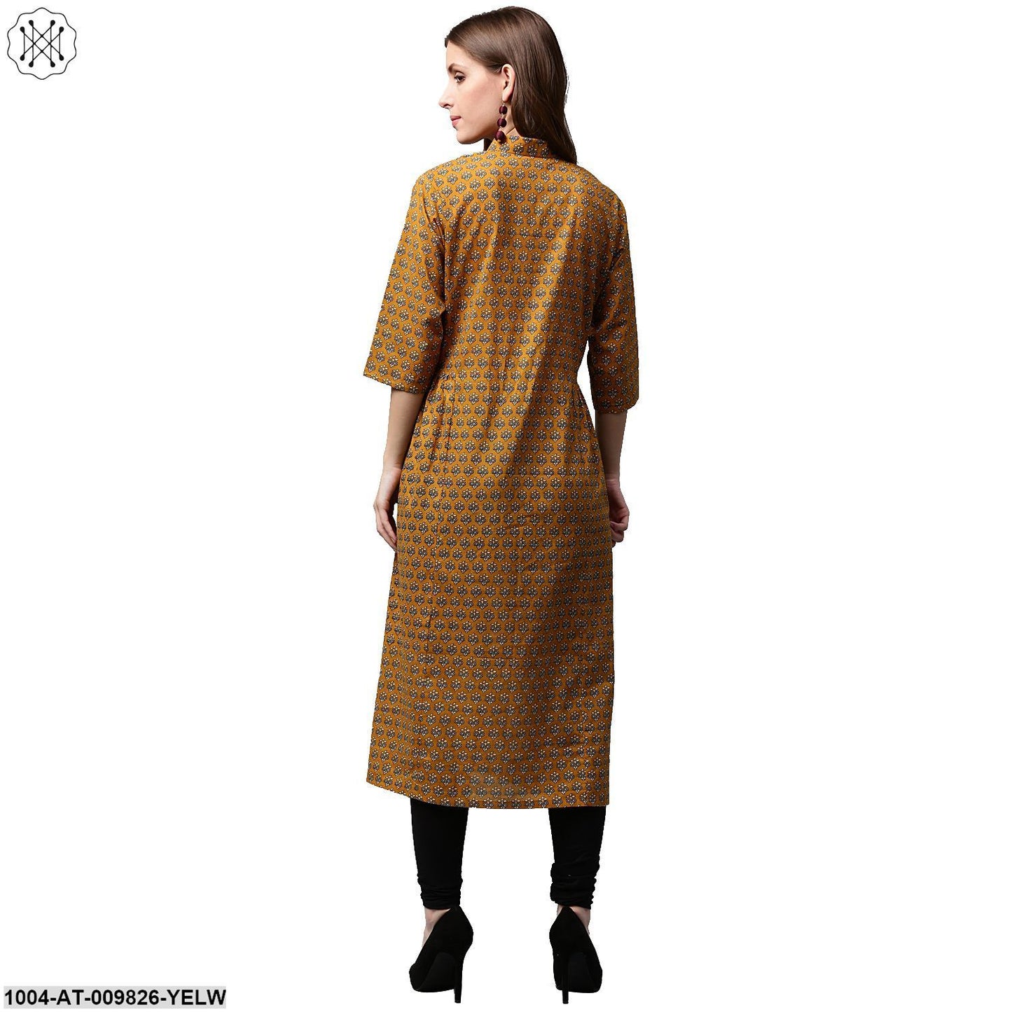 Yellow Printed 3/4Th Sleeve Cotton A-Line Kurta