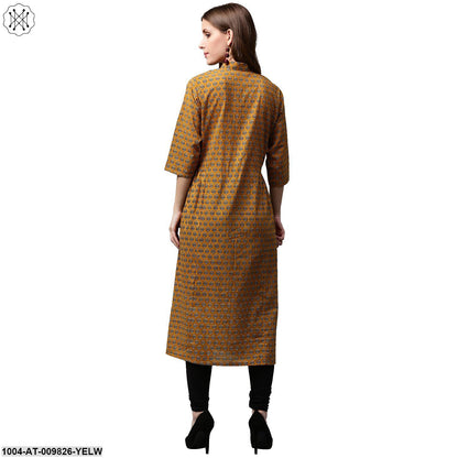Yellow Printed 3/4Th Sleeve Cotton A-Line Kurta