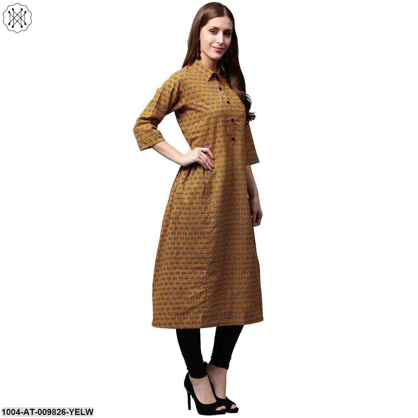 Yellow Printed 3/4Th Sleeve Cotton A-Line Kurta