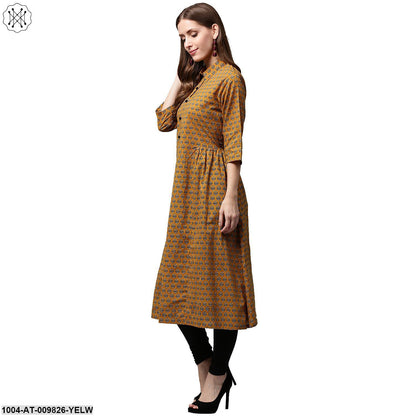 Yellow Printed 3/4Th Sleeve Cotton A-Line Kurta