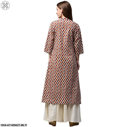Multi Printed 3/4Th Sleeve Cotton A-Line Kurta