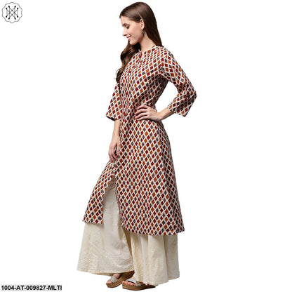 Multi Printed 3/4Th Sleeve Cotton A-Line Kurta