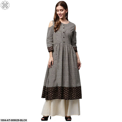 Black Printed 3/4Th Sleeve Cotton Anarkali Kurta