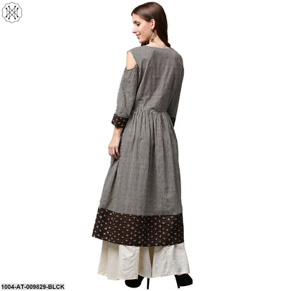 Black Printed 3/4Th Sleeve Cotton Anarkali Kurta