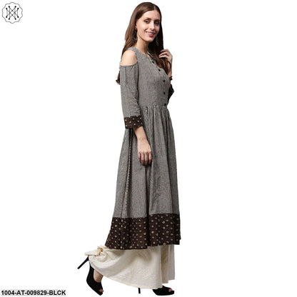 Black Printed 3/4Th Sleeve Cotton Anarkali Kurta
