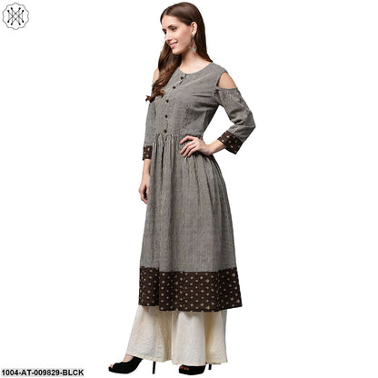 Black Printed 3/4Th Sleeve Cotton Anarkali Kurta