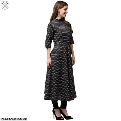 Black Printed 3/4Th Sleeve Cotton Anarkali Kurta